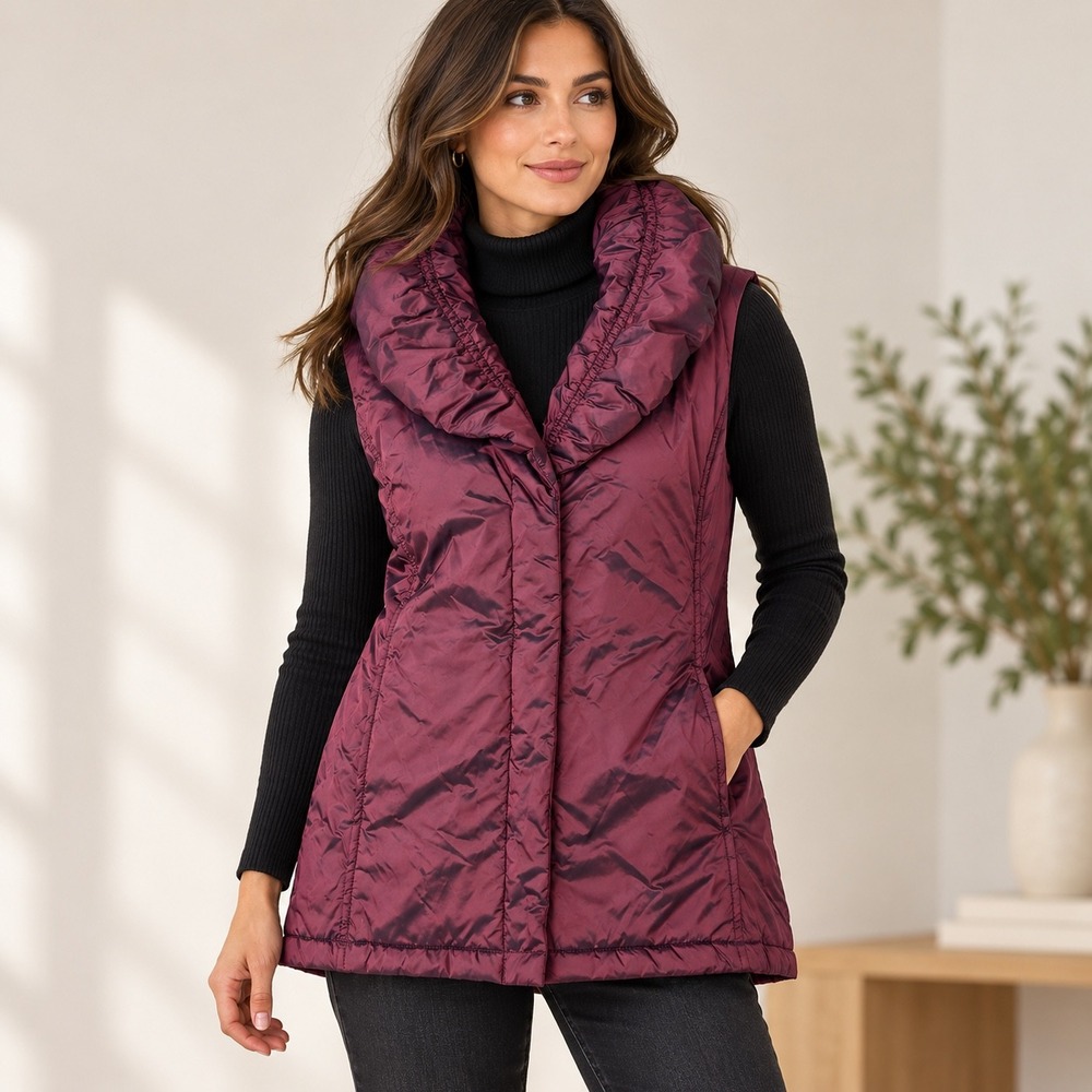 Jones New York Signature Puffer Vest Burgundy Iridescent Shawl Collar XL